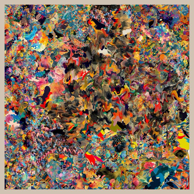 urn of flowers with a black base and colorful petals, surrounded by a chaotic array of colors and shapes.