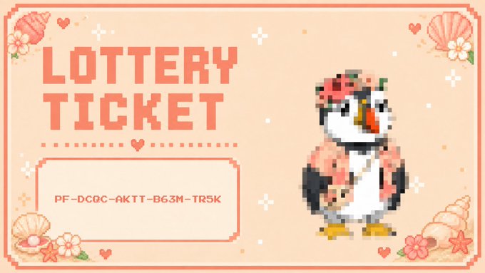 A pink-themed 'LOTTERY TICKET' graphic featuring a penguin with a pink flower on its head, decorative seashells, and the ticket code 'PF-DCOC-AKTT-B63M-TR5K' visible in a boxed area.
