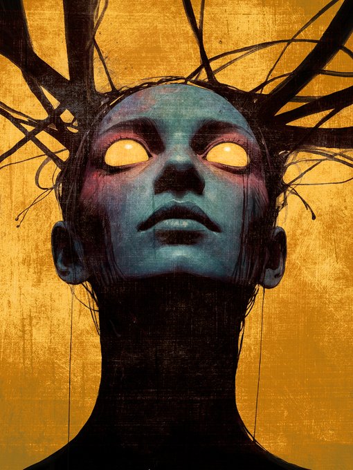 A stylized portrait painting of a blue-faced figure with glowing yellow eyes, branch-like protrusions extending from the head, against a textured gold background.