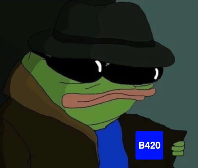 The 'B420' meme featuring a stylized green Pepe the Frog wearing a black fedora, sunglasses, and a trench coat.