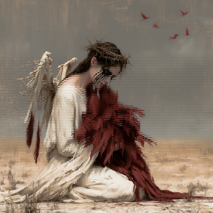 A haunting artistic image of a figure in flowing white and dark red robes, wearing a crown of thorns, with a glitching visual effect and red butterflies in the background.