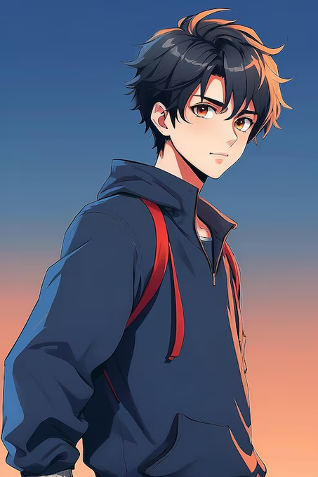 An anime-style illustration of a young man with messy black hair and amber eyes, wearing a navy blue hoodie with red drawstrings, set against a sunset sky.