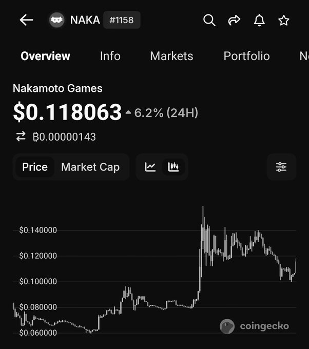 A CoinGecko price chart for Nakamoto Games (NAKA) showing a current price of $0.118063, up 6.2% in 24 hours, with price history ranging roughly between $0.06 and $0.14.