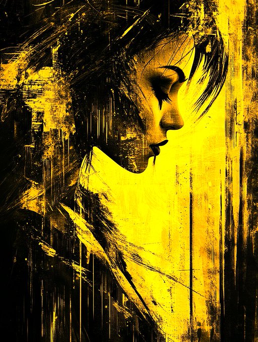 A grungy yellow and black stylized portrait of a woman in profile, rendered with rough, dripping brushstrokes that give it a weathered, poster-like appearance.