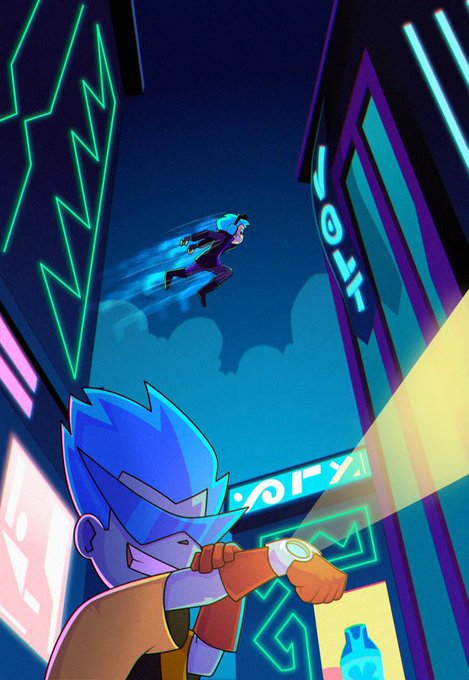 A vibrant cartoon illustration depicts a character with blue hair and orange gloves looking up as another figure leaps across a neon-lit cityscape at night.
