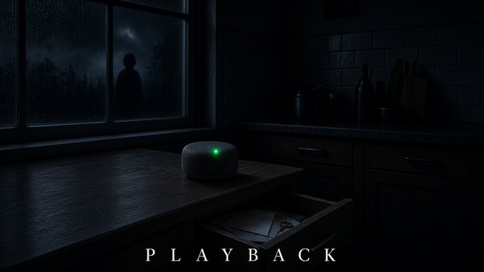A dark moody kitchen scene at night showing a figure silhouetted outside a rain-streaked window, with a smart speaker featuring a green light on a wooden countertop and an open drawer, captioned 'PLAYBACK'.