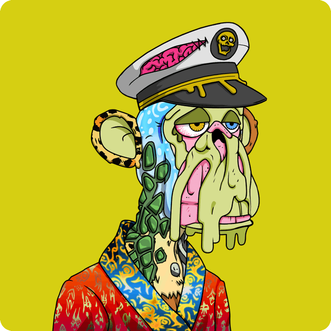 A colorful digital illustration of a grotesque green-faced character wearing a captain's hat with a brain visible inside, set against a bright yellow background.