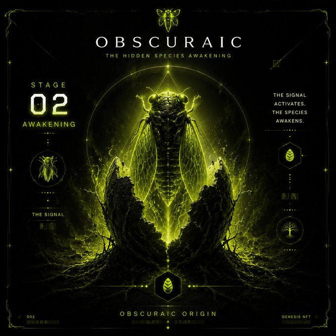 This image showcases a dramatic graphic for "OBSCURAIC: THE HIDDEN SPECIES AWAKENING," featuring a glowing green cicada-like creature emerging from a cracked shell, with prominent text indicating "STAGE 02 AWAKENING" alongside the phrase "THE SIGNAL ACTIVATES. THE SPECIES AWAKENS." The visual aligns with the mint order's third stage, depicting the emergence moment in the creature's evolution sequence from dormant to ancient.