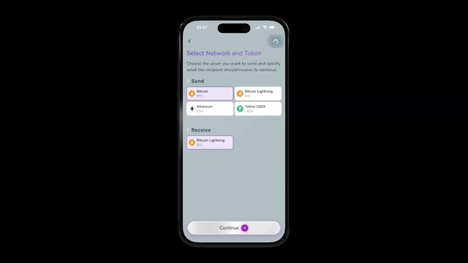 A smartphone displaying a 'Select Network and Token' interface with options to Send Bitcoin, Bitcoin Lightning, Ethereum, or Tether USDK, and Receive Bitcoin Lightning, with a Continue button at the bottom.