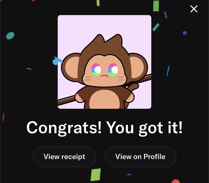 A digital interface shows a cartoon monkey character with the text 'Congrats! You got it!' along with buttons labeled 'View receipt' and 'View on Profile'.