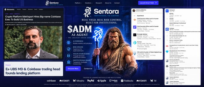 A composite screenshot showing the Sentora (formerly Blockstars) crypto lending platform homepage featuring a '$ADM AI Agent' promotion with a barbarian mascot, alongside news about an ex-UBS MD launching a lending platform and a Twitter feed.