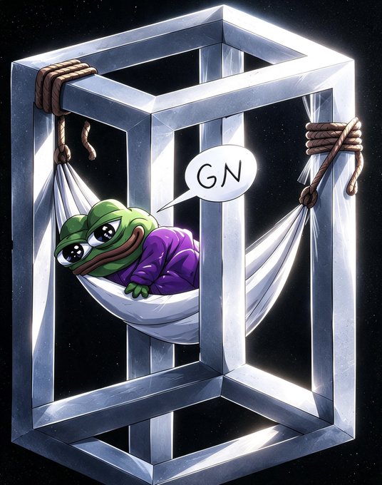 An illustration of the Pepe the Frog character sleeping in a white hammock tied to a floating metal cage in space, with a speech bubble saying "GN".