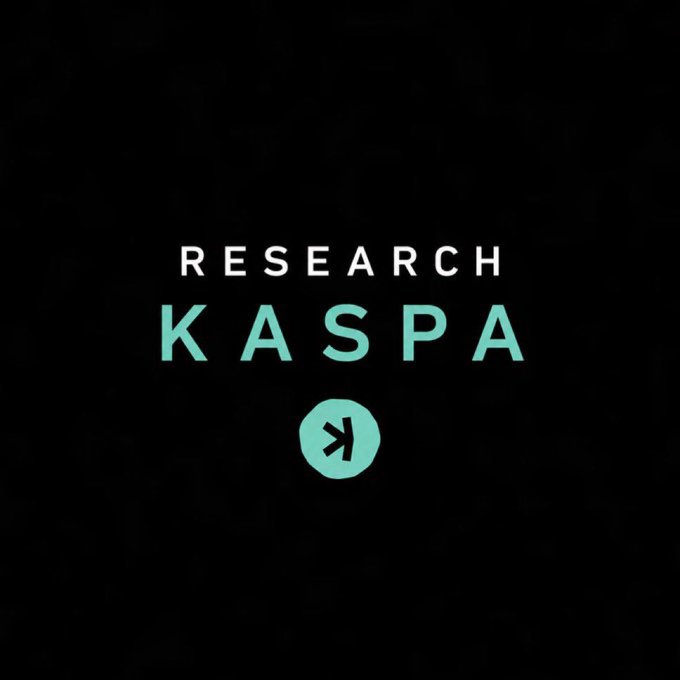 The image features a black background with white text that reads "Research Kaspa" along with an arrow pointing towards the word "Research". The text appears to be in a modern font style, giving it a contemporary look. The image also includes a small logo of a green circle and a line through it, which could represent the concept of decentralization or the idea of moving away from centralized control.