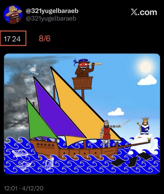 A digital illustration shows a wooden ship with colorful purple, yellow, and green sails navigating away from a dark stormy sky on the left toward a bright sun and clear blue sky on the right, with a crowned king and armored knight on board steering the vessel. The post header shows "@321yugelbaraeb" on X.com with the text "8/6" and "17 24" displayed, referencing XRP's price movement "out of the storm" toward clarity.
