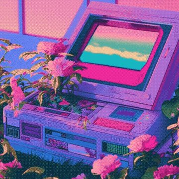 A vintage pink and purple computer monitor displays a colorful sunset screen, surrounded by pink flowers in a vibrant pixel-art style.