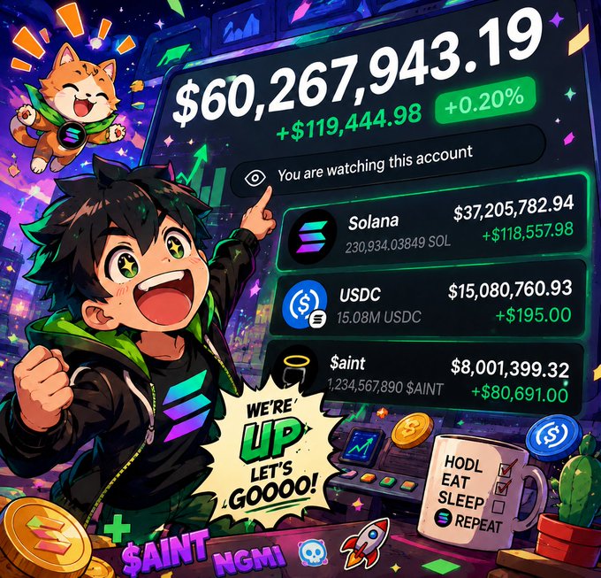 An excited anime-style character points at a portfolio dashboard showing a balance of $60,267,943.19 (+0.20%, +$119,444.98), featuring major holdings in Solana ($37,205,782.94), USDC ($15,080,760.93), and $SAINT ($8,001,399.32), with playful text bubbles saying "WE'RE UP! LET'S GOOOO!" and "HODL EAT SLEEP REPEAT." The image serves as promotional bait for a Solana giveaway, using the massive displayed balance and celebratory tone to entice viewers to drop their SOL addresses, retweet, and follow—classic engagement-farming tactics paired with flashy crypto hype imagery.