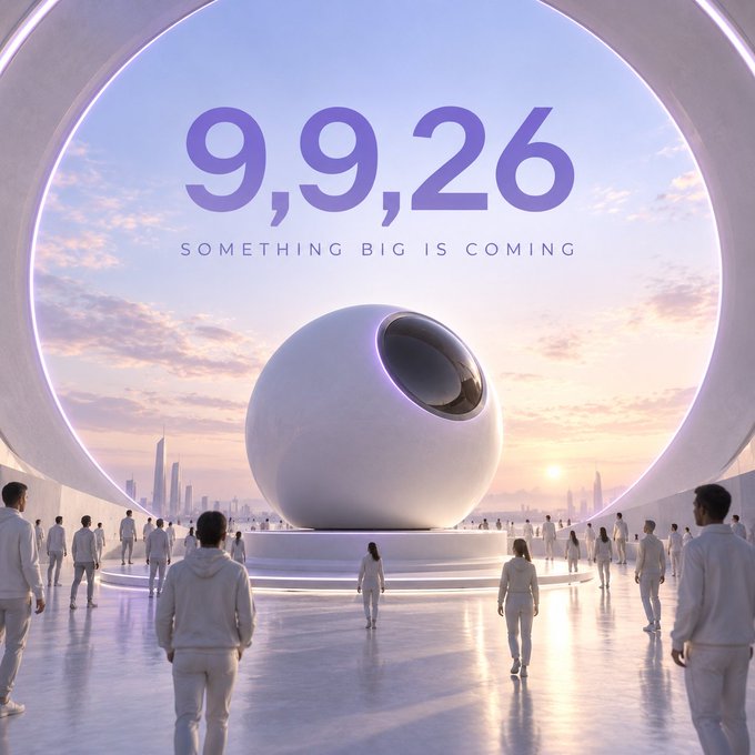A futuristic scene shows a large white spherical object on a pedestal, surrounded by people in white attire standing beneath a glowing circular arch, with the text "9,9,26" and "SOMETHING BIG IS COMING" displayed against a sunset sky. The image aligns with the post's teaser of a "big week ahead," suggesting a highly anticipated announcement or product launch slated for September 9, 2026.