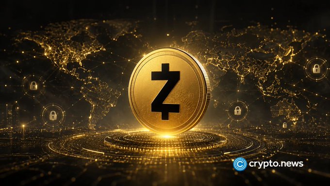 A golden Zcash (ZEC) cryptocurrency coin displayed on a pedestal with a glowing world map network and padlock icons in the background, watermarked with 'crypto.news'.