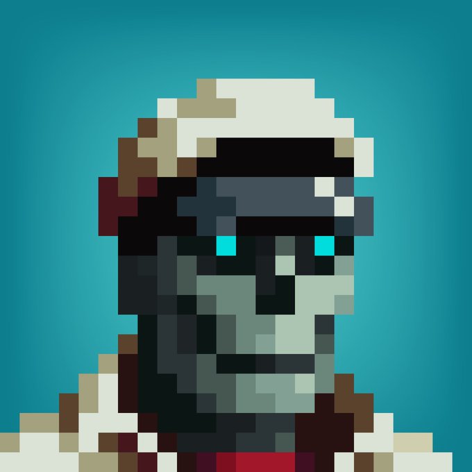 A pixel art portrait of a zombie-like or undead character wearing a white hat against a teal background.
