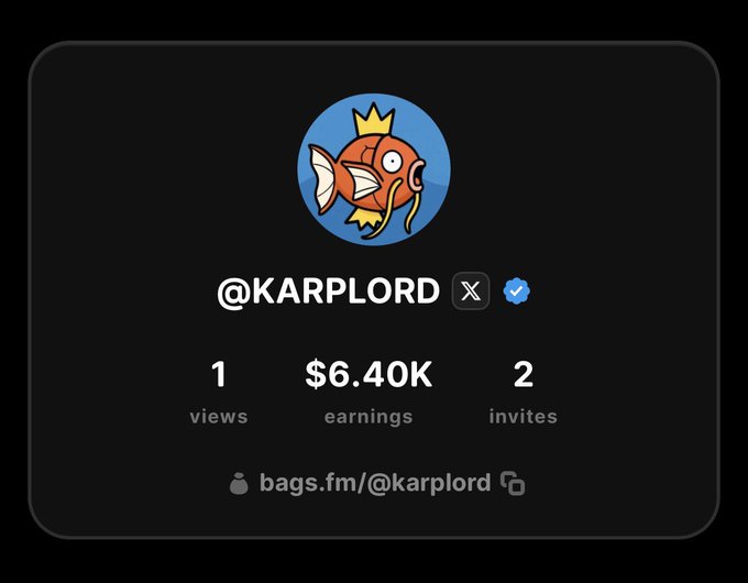A profile card for @KARPLORD on bags.fm, showing an orange fish avatar, 1 view, $6.40K earnings, and 2 invites.