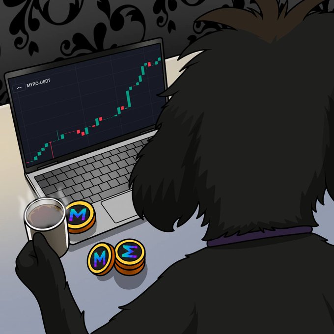 A furry character sips coffee while studying a Myro-USD chart on a laptop, with three Myro coins resting on the desk—capturing the laid-back weekend vibe as both the market and the trader take a breather before Monday.