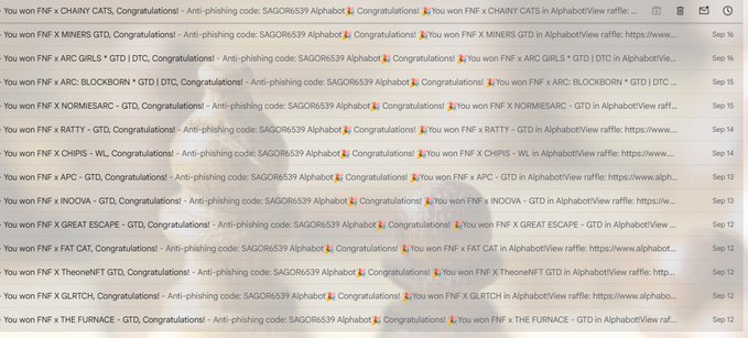 An email inbox displays numerous phishing/scam messages claiming recipients have won FNF raffles, each containing an "Anti-phishing code: SAG0R6539" reference.