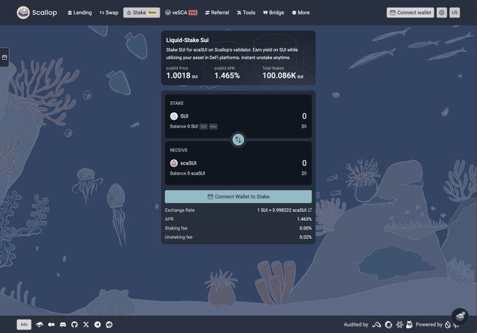 Screenshot of the Scallop DeFi platform's "Liquid Stake Sui" page, displaying a 1.0018 SUI to scaSUI exchange rate at 1.465% APR, with a "Connect Wallet to Stake" button, aligning with the post announcing the launch of Scallop's new liquid staking token scaSUI.
