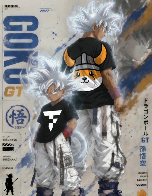The image features Dragon Ball GT artwork showing Kid Goku and Son Goku in streetwear-style outfits, with Japanese text and "GOKU GT" prominently displayed. The image has no apparent connection to the accompanying post about the Aster Exchange and TokenFi cryptocurrency, suggesting it may be an unrelated or mismatched attachment.