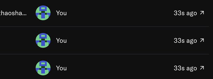A screenshot shows a list of three identical "You" entries with pixelated avatar icons, each marked "33s ago," indicating three recent self-transactions or transfers. This visually corresponds to the post's claim of having "added 3 more" of the @rektguy NFT.