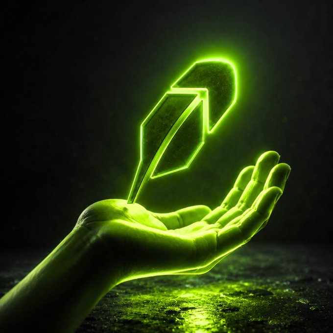 A glowing green hand reaches up from the darkness, catching a luminous arrow pointing upward in its palm—a fitting visual metaphor for the crypto gains and bullish momentum the user is asking about on Robinhood Crypto this weekend.