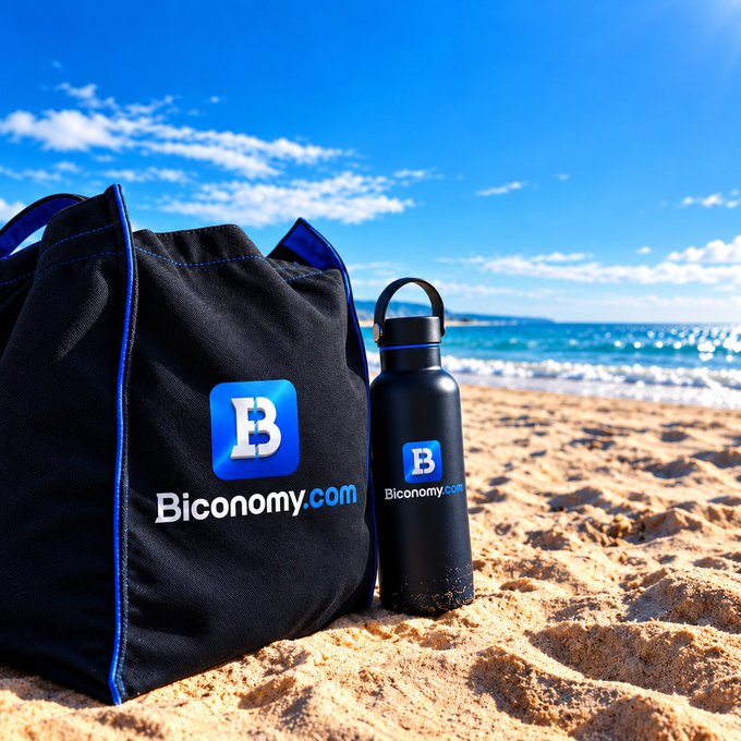 A promotional image showing a branded black bag and black water bottle with the 'Biconomy.com' logo on a sandy beach with blue ocean and sky in the background.