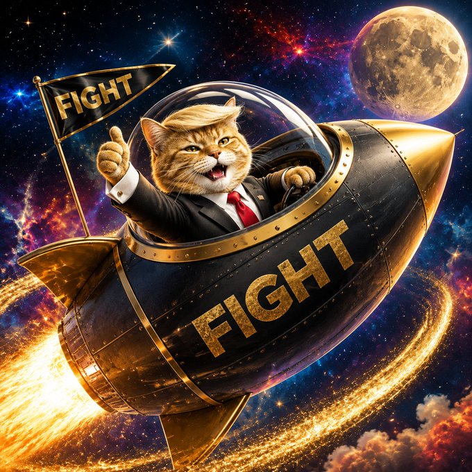 A digital illustration shows an orange cat in a suit and red tie riding a gold rocket through a cosmic scene with planets, while waving a "FIGHT" flag and with "FIGHT" written on the rocket.