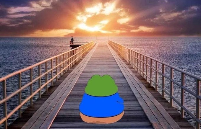 A digital illustration of a green cartoon character sitting alone at the end of a long wooden pier extending into the sea during sunset.