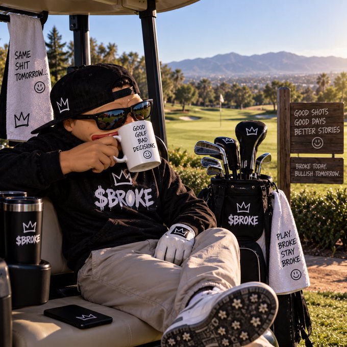 A young golfer wearing a black cap, sunglasses, and a "$BROKE" hoodie drinks from a white "GOOD GOLF BAD DECISIONS" mug while sitting in a golf cart, with a "$BROKE" branded golf bag and towels nearby.