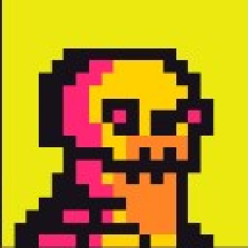 A pixel art skeleton character with pink highlights on its skull and body is rendered against a solid yellow-green background.