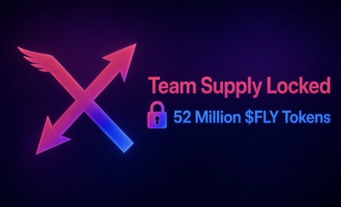 A dark graphic displays a winged arrow logo next to text reading 'Team Supply Locked' and '52 Million $FLY Tokens' accompanied by a padlock icon.