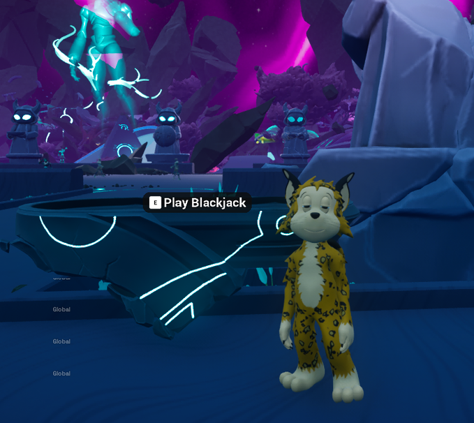 A 3D animated character in a yellow leopard suit stands before a glowing blue card table displaying the prompt 'E Play Blackjack', with 'Global' text visible on the left.