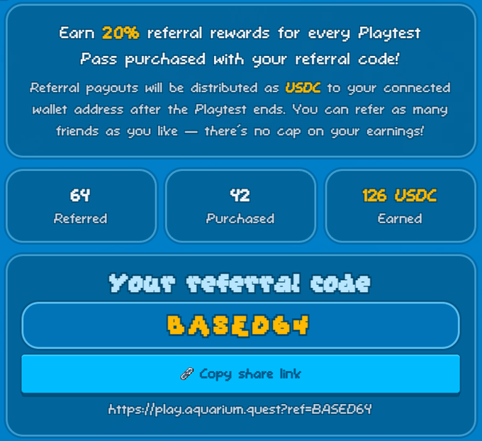 The image shows a blue sign with white text that says "Your referraive code Base64". The sign also has a link to a website where you can create a unique Referral Code for a game, such as Play.aquarium.quest/referrals.