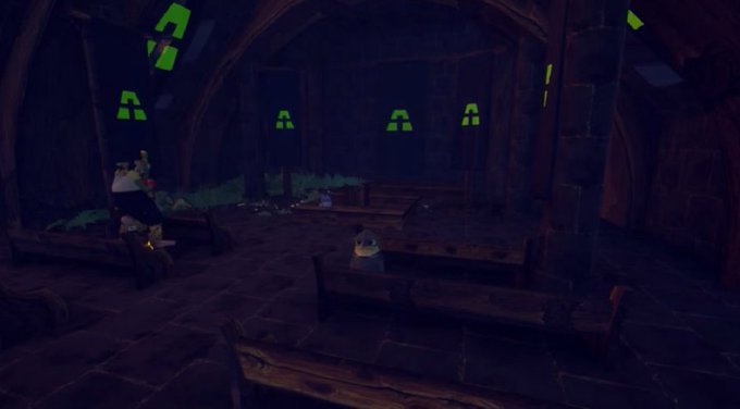A dark, atmospheric video game scene showing a stone interior with wooden pews, small character figures, and green-lit arched windows in the background.