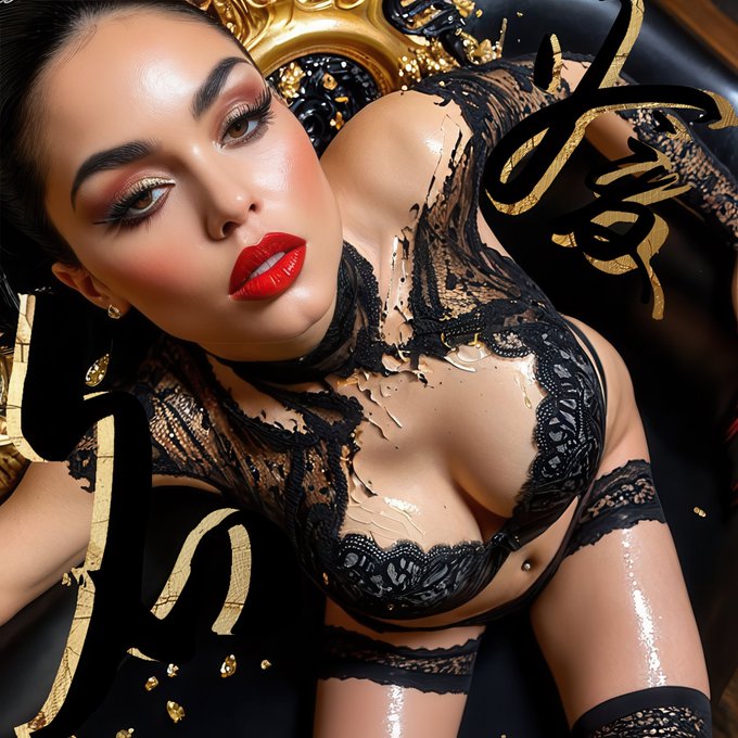 A stylized glamour portrait features a woman with dramatic makeup including bold red lipstick and gold eyeliner, wearing black lace lingerie with gold accents.