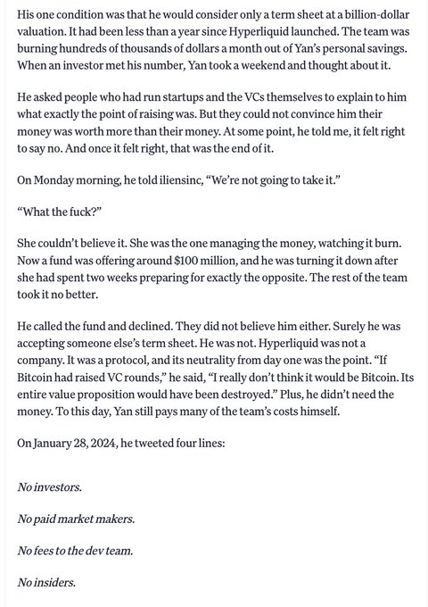The image shows a passage about Hyperliquid founder Jeff declining a $100 million VC offer at a billion-dollar valuation, culminating in his January 28, 2024 tweet declaring "No investors. No paid market makers. No fees to the dev team. No insiders."—the bold stance that the caption references as setting the stage for the company's later OTC valuation of $300M+.