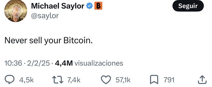 The image features a post by Michael Saylor, who has tweeted about Bitcoin. The post includes a message that reads "Never sell your Bitcoin", accompanied by a photo of himself with a caption stating "Sayslor". The post also mentions the hashtag #BTC and the number 4.4M in the comments section.