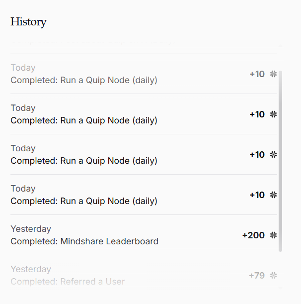 A History activity log showing multiple 'Completed: Run a Quip Node (daily)' entries today each worth +10 points, a 'Completed: Mindshare Leaderboard' for +200 points yesterday, and a pending 'Completed: Referred a User' for +79 points.