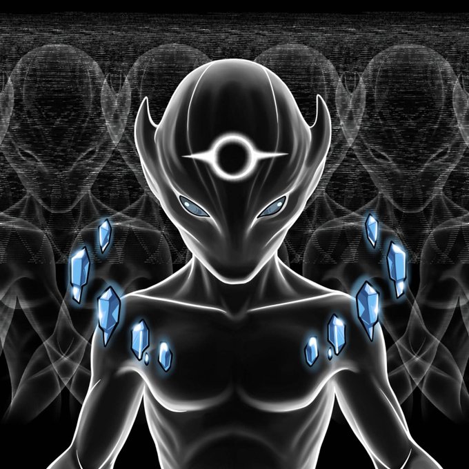 A dark, otherworldly alien-like figure with a glowing symbol on its forehead and blue crystalline objects floating around its body.