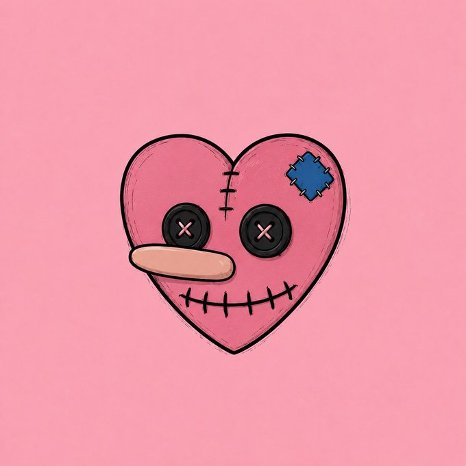 The image features a pink background with a cartoon-like heart shape that has been cut out of a pink fabric or paper. The heart has a sad face drawn on it, giving it a creepy appearance. There are two blue dots on the heart's face, adding to its unsettling look. The text "1100 followers in 24 hours" is written below the image, suggesting that this post might be related to an event or promotion involving the heart shape and possibly the number 1108.