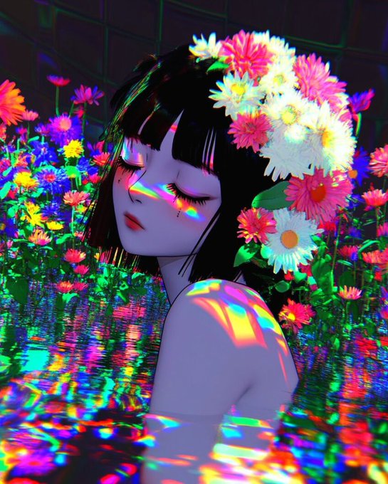 A vibrant digital art piece of an anime-style woman with a colorful flower crown, closed eyes, partially submerged in reflective water surrounded by bright flowers.