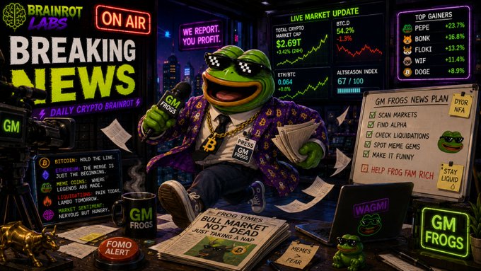 A "BRAINROT LABS" breaking news graphic featuring an anthropomorphic frog wearing pixel sunglasses and a purple jacket, broadcasting "DAILY CRYPTO BRAINROT" with market updates showing BTC.D at 54.2% and top gainers including PEPE (+23.7%), BONK (+15.6%), FLOKI (+13.2%), WIF (+11.4%), and DOGE (+8.9%).