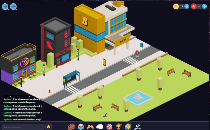 A 3D isometric city-building game screenshot showing buildings labeled 'BLAZE' and 'SALVO' with a chat box displaying system messages about maintenance breaks.