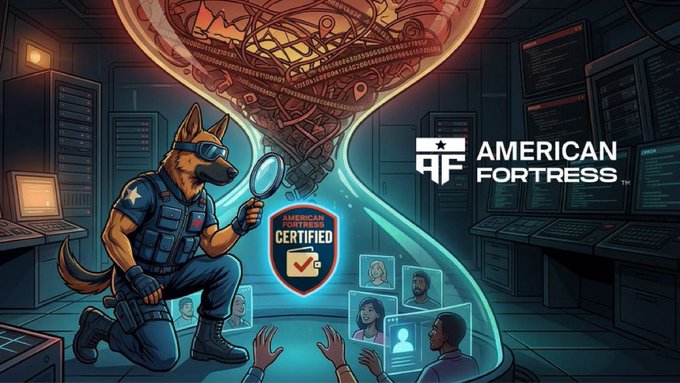 An illustrated detective dog holding a "Certified" badge and magnifying glass investigates in a server room, with the "American Fortress" logo prominently displayed alongside digital profile screens. The image visually represents the post's theme of exposing hidden traceability—how reusing a single wallet address creates a permanent, observable trail of transactions and connections, much like a detective uncovering evidence that was thought to be private.