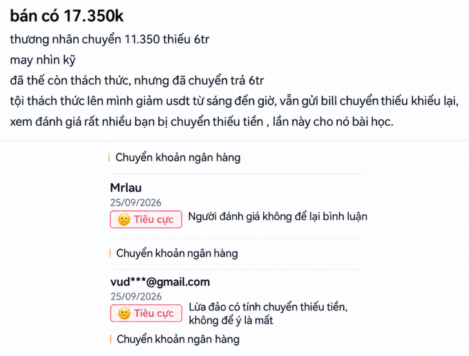 Vietnamese-language complaint about a sales transaction of 17.350k where a buyer paid but claims to be shortchanged, followed by negative reviews dated 25/09/2026 from users 'Mrlau' and 'vud***@gmail.com' labeling the seller as a scammer ('Lừa đảo') for receiving short bank transfers.